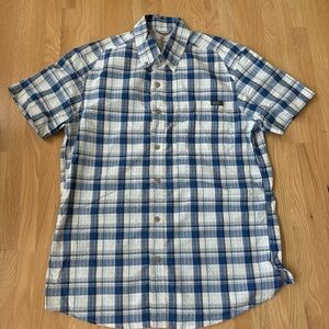 Eddie Bauer outdoorsy white and blue plaid short sleeved button up shirt.